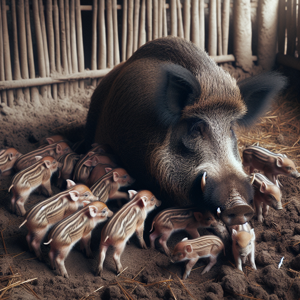 Heo rừng cái nuôi con trong trang trại