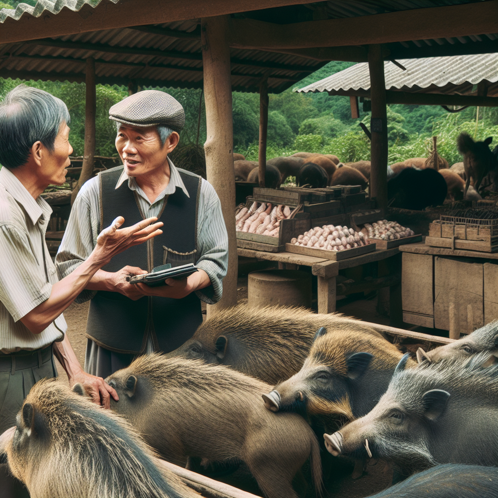 Thương lái mua thịt heo rừng từ trang trại với giá bán buôn ổn định và chất lượng cao.